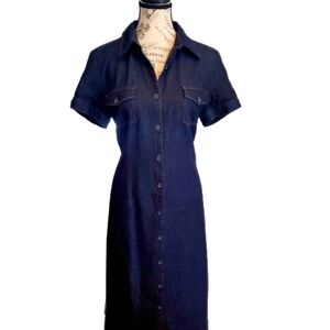 Talbots dress women's 10 petite dark wash button front short sleeve denim blue